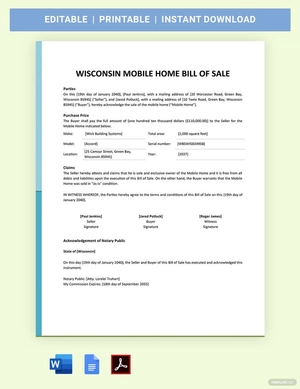 Wisconsin Mobile Home Bill Of Sale Template