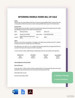 Wyoming Mobile Home Bill Of Sale Template