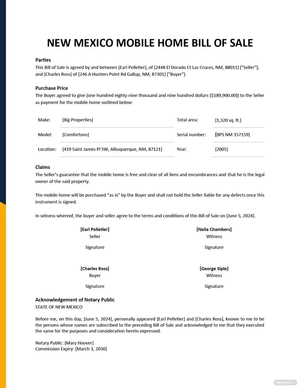 New Mexico Mobile Home Bill Of Sale Template