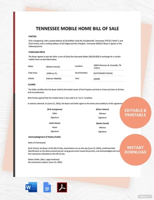 Tennessee Mobile Home Bill of Sale Template