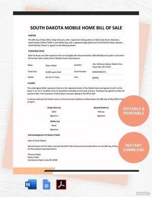 South Dakota Mobile Home Bill of Sale Template