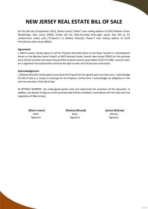 New Jersey Real Estate Bill Of Sale Template