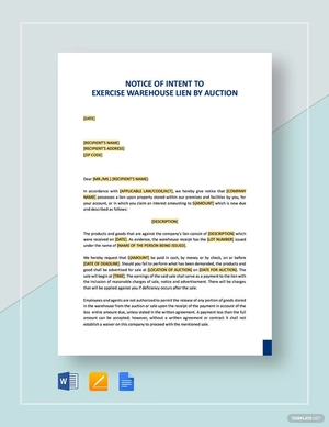 Notice of Intent to Exercise Warehouse Lien by Auction Template