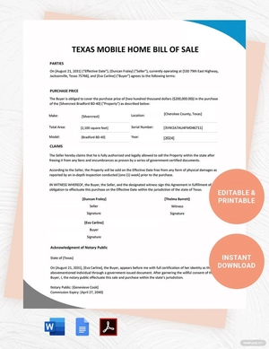 Texas Mobile Home Bill of Sale Template