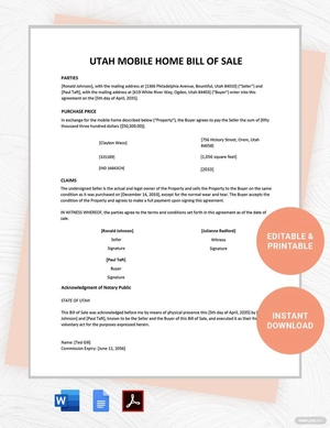 Utah Mobile Home Bill of Sale Template