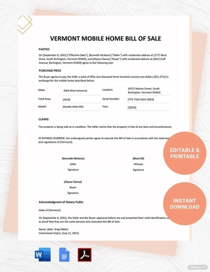 Vermont Mobile Home Bill Of Sale Form Template