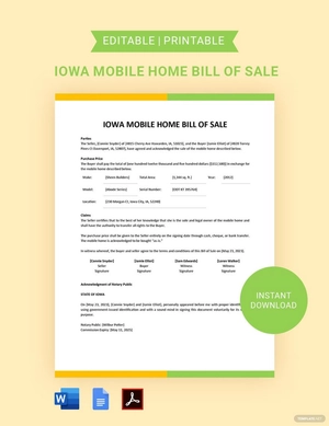 Iowa Mobile Home Bill of Sale Template