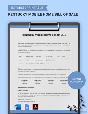 Kentucky Mobile Home Bill of Sale Template