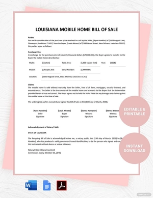 Louisiana Mobile Home Bill of Sale Template