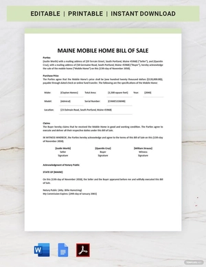 Maine Mobile Home Bill of Sale Template