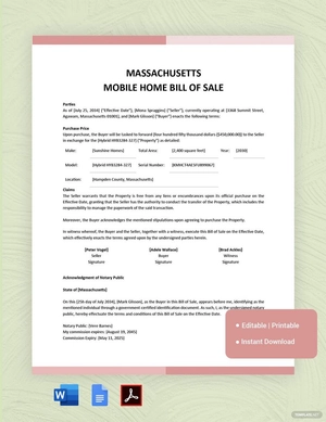 Massachusetts Mobile Home Bill of Sale Template