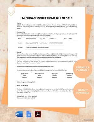 Michigan Mobile Home Bill of Sale Template