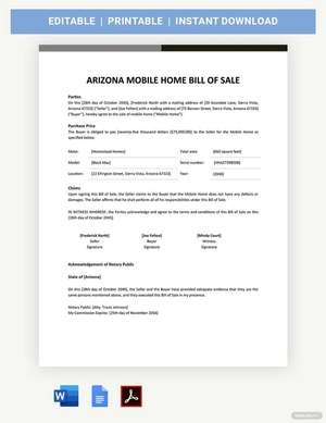 Arizona Mobile Home Bill Of Sale Template