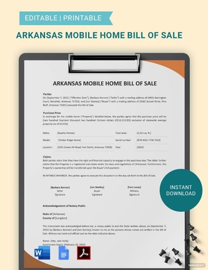 Arkansas Mobile Home Bill Of Sale Template