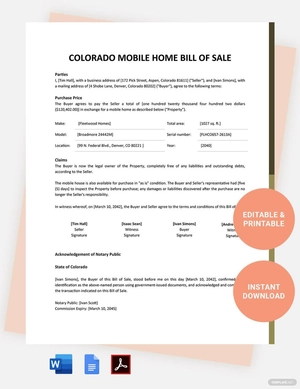 Colorado Mobile Home Bill Of Sale Template