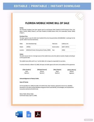 Florida Mobile Home Bill Of Sale Template
