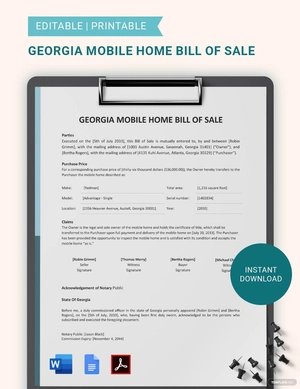 Georgia Mobile Home Bill Of Sale Template