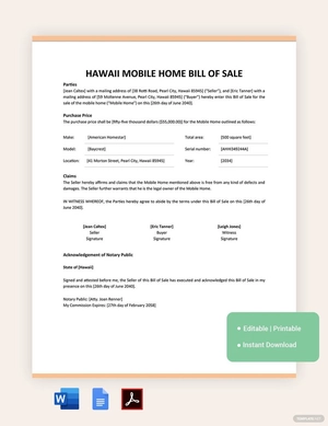 Hawaii Mobile Home Bill Of Sale Form Template