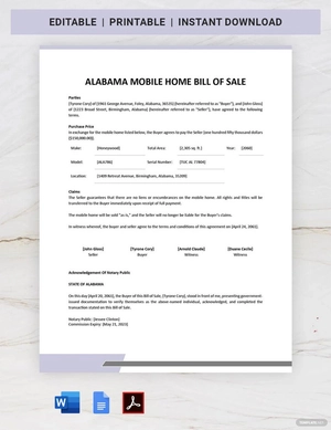 Alabama Mobile Home Bill of Sale Template