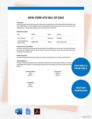 New York ATV Bill of Sale Template