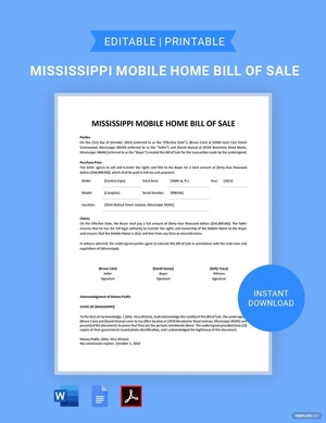 Mississippi Mobile Home Bill of Sale Template