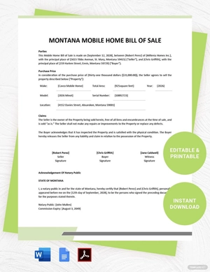Montana Mobile Home Bill of Sale Template
