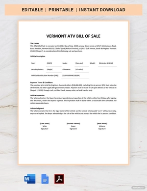 Vermont ATV Bill of Sale Template
