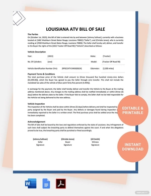Louisiana ATV Bill Of Sale Template
