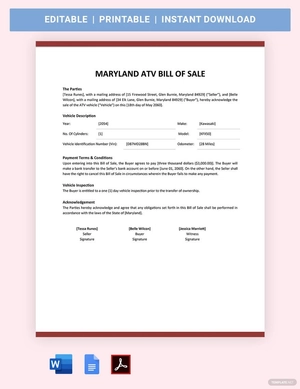 Maryland ATV Bill Of Sale Template