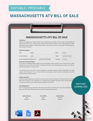 Massachusetts ATV Bill Of Sale Template