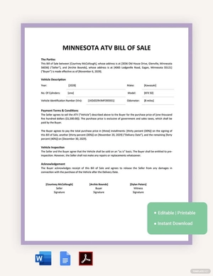 Minnesota ATV Bill Of Sale Template