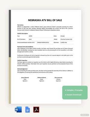 Nebraska ATV Bill Of Sale Template