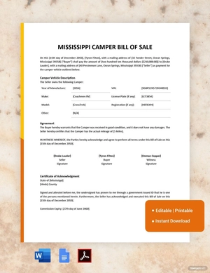 Mississippi Camper Bill of Sale Template