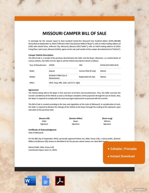 Missouri Camper Bill of Sale Template