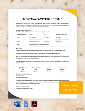Montana Camper Bill of Sale Template