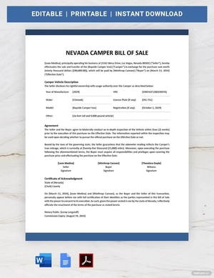 Nevada Camper Bill of Sale Template