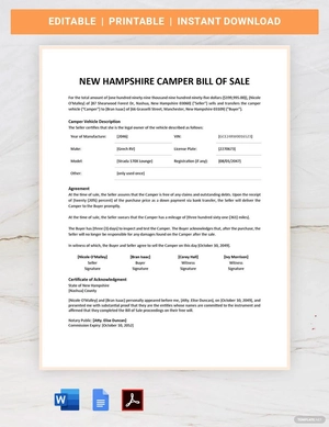 New Hampshire Camper Bill of Sale Template