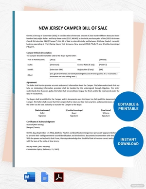 New Jersey Camper Bill of Sale Template