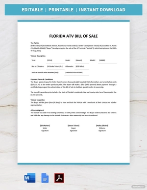 Florida ATV Bill of Sale Template
