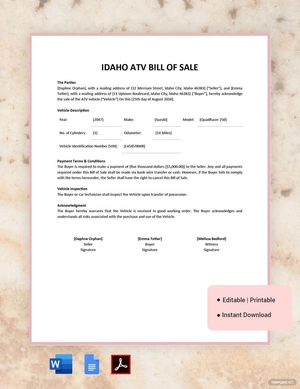 Idaho ATV Bill of Sale Template