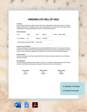 Virginia ATV Bill of Sale Template