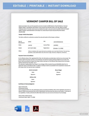 Vermont Camper Bill of Sale Template