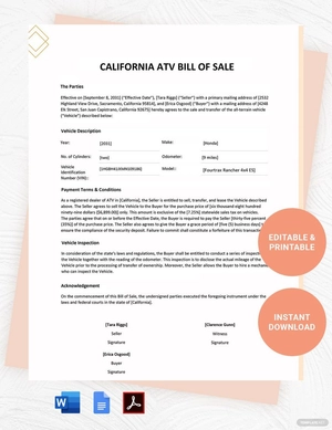 California ATV Bill Of Sale Template