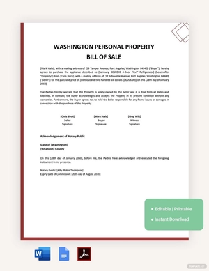 Washington Personal Property Bill Of Sale Template