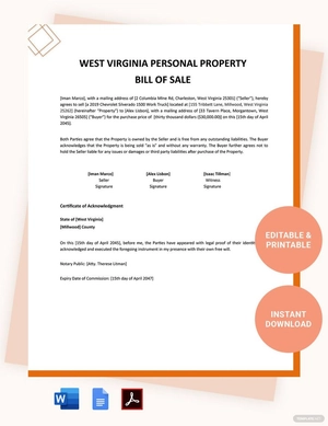 West Virginia Personal Property Bill Of Sale Template