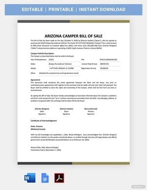 Arizona Camper Bill Of Sale Template