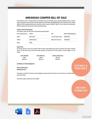 Arkansas Camper Bill Of Sale Template
