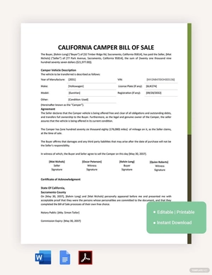 California Camper Bill Of Sale Template