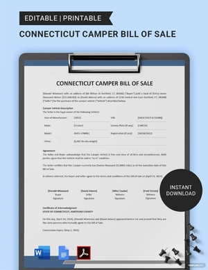 Connecticut Camper Bill of Sale Template