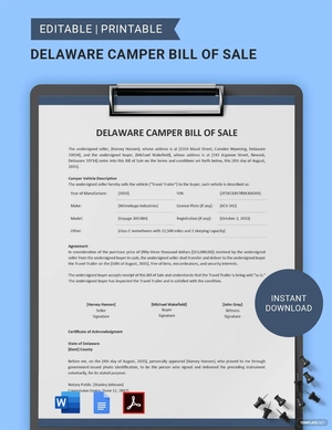 Delaware Camper Bill of Sale Template